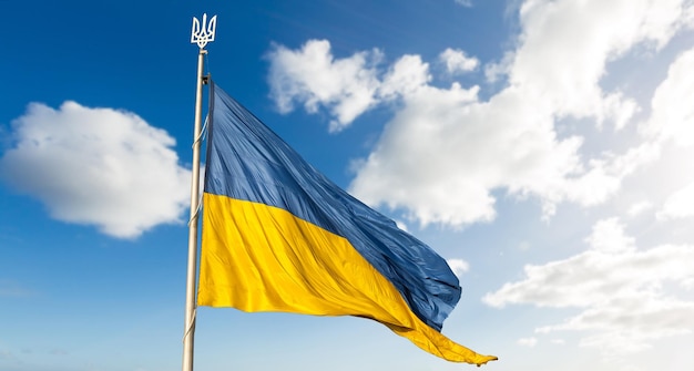 Ukrainian flag on blue sky backgroud