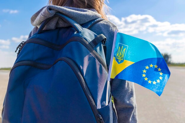 Ukrainian Flag and Eu Flag Together in Bag or Backpack of Ukraine Tourist Girl Ukraine is Europe