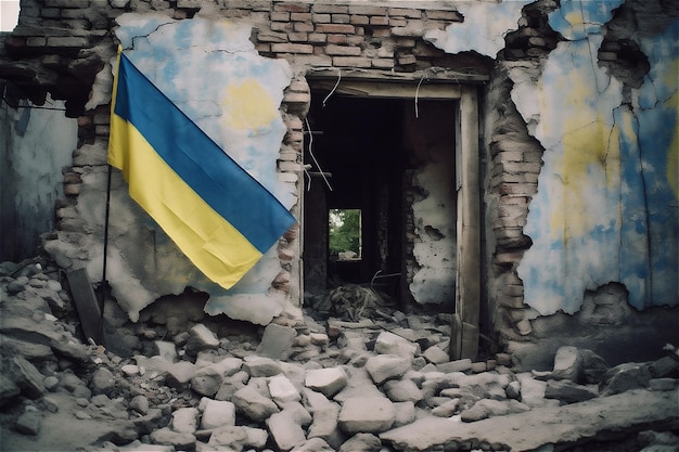 Ukrainian flag on liberated ruins of city War in Ukraine victory concept Generative AI