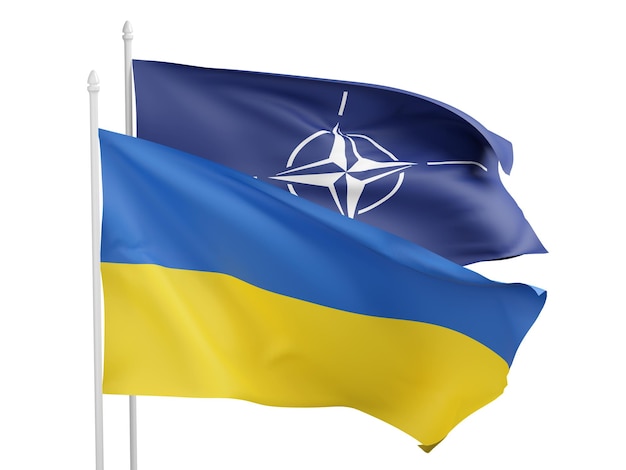 Ukrainian flag next to the NATO flag 3d illustration