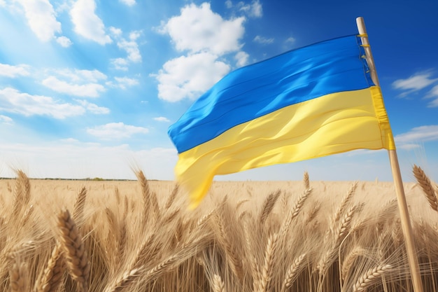 Photo ukrainian flag waving proudly against backdrop of wheat field generative ai