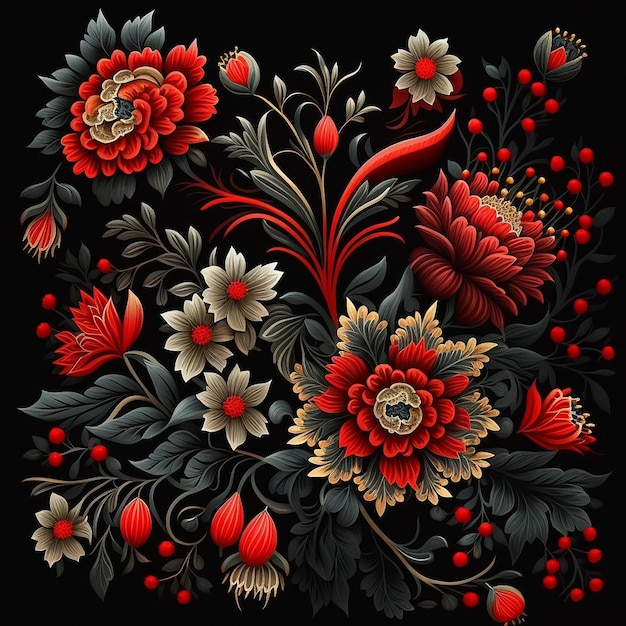 Ukrainian floral pattern of flowers black background red color AI Generated Image