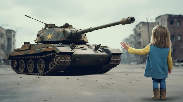 Ukrainian girl dressed in the colors of the Ukrainian flag standing in the middle of the street in f