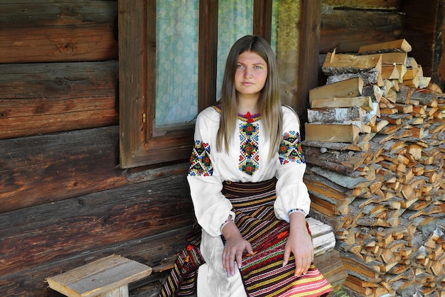 Ukrainian girl in national Hutsul clothes sits on the porch of an old wooden hut.