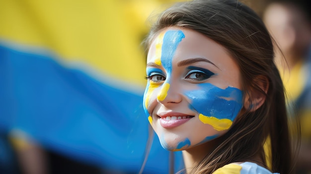 Ukrainian girl with ukrainian flag make up on the face with ukrainian flag on the background