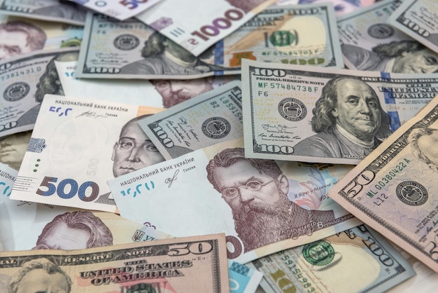 Ukrainian hryvnia and dollar exchange close-up top view concept finance cash