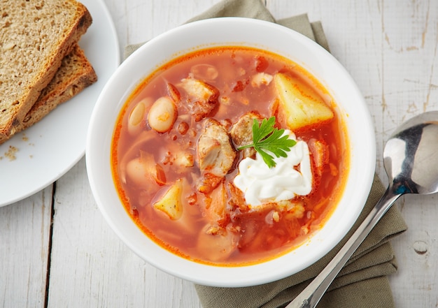 Ukrainian national red soup borsch with meat