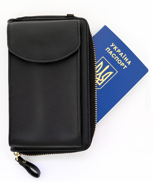 Ukrainian passport in a black wallet