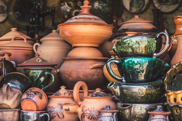 Ukrainian pottery. pottery market in ukrainian village
oposhnya, center of ukrainian pottery product