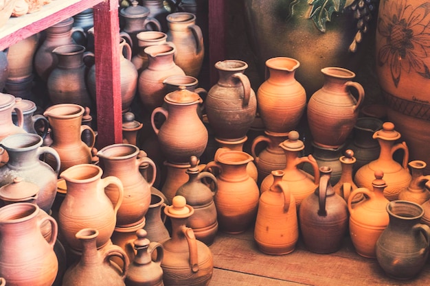 Ukrainian pottery. pottery market in ukrainian village\
oposhnya, center of ukrainian pottery product