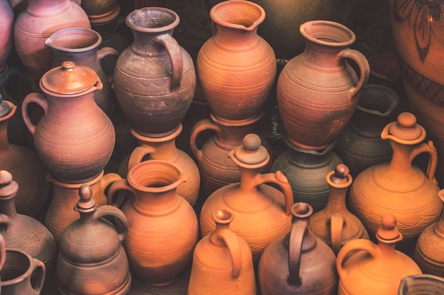 Ukrainian pottery. Pottery market in Ukrainian village Oposhnya, center of Ukrainian pottery product