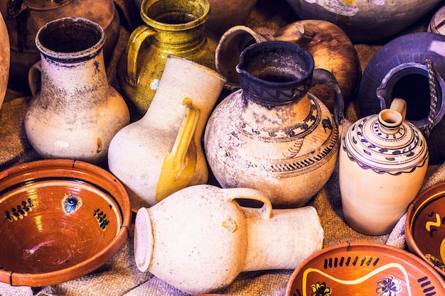 Ukrainian pottery. pottery market in ukrainian village\
oposhnya, center of ukrainian pottery product