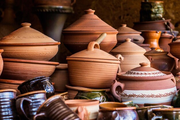 Ukrainian pottery. pottery market in ukrainian village\
oposhnya, center of ukrainian pottery product