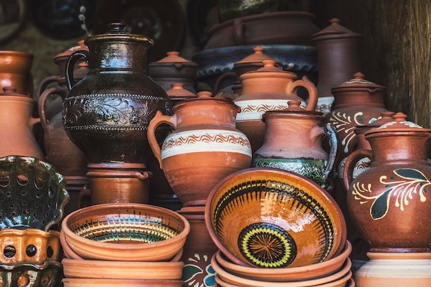 Ukrainian pottery. pottery market in ukrainian village\
oposhnya, center of ukrainian pottery product