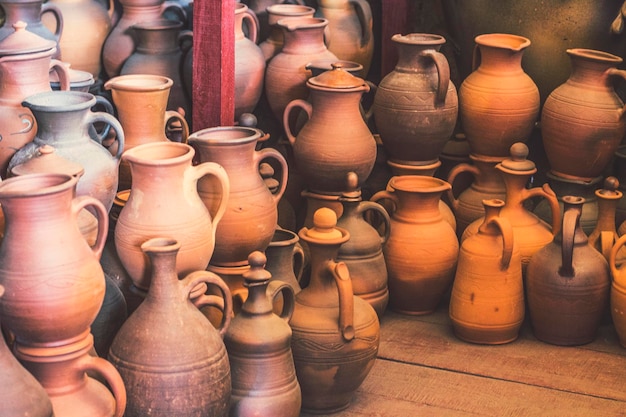 Ukrainian pottery. pottery market in ukrainian village oposhnya, center of ukrainian pottery product