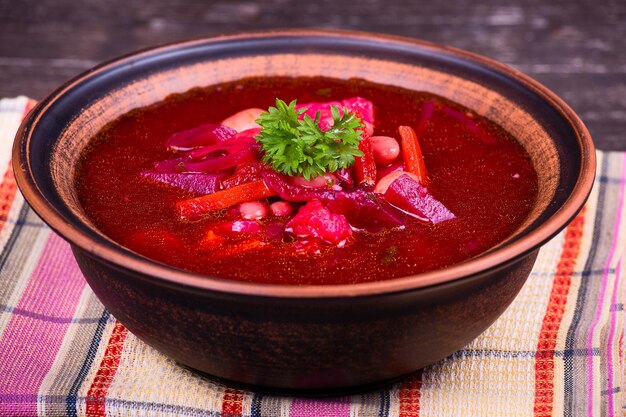 Ukrainian and russian national red borsch close up