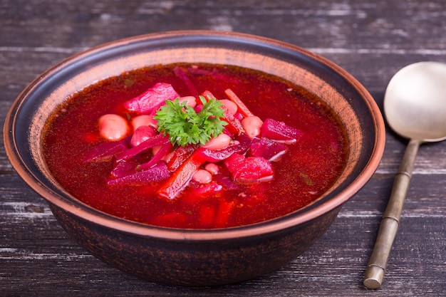 Ukrainian and russian national vegetable soup red borsch in pate close up