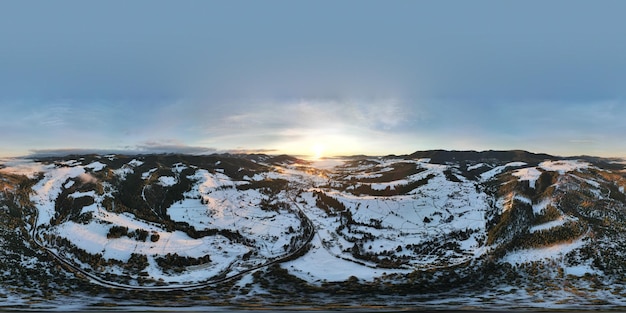 Ukrainian snow-covered village Kryvopillia, panorama 360 of winter  villages, Carpathian villages