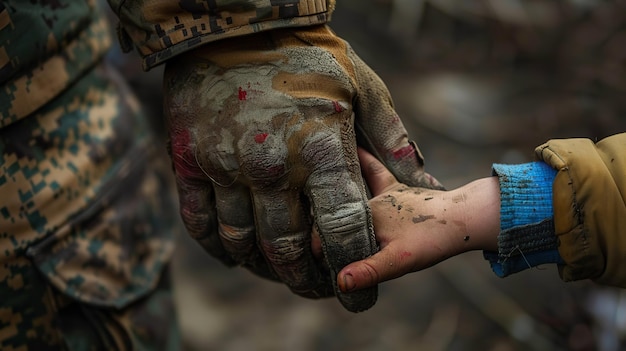 Ukrainian soldier hand hold little hand of child isolated on backdrop