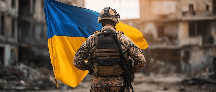 Фотография украинский солдат с украинским флагом в восторге