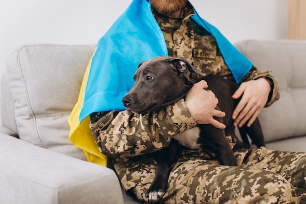 Ukrainian soldier wrapped in ukrainian flag holds amstaff dog in the arms in the office