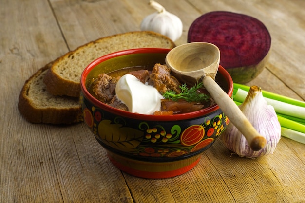 ukrainian traditional beetroot red soup concept