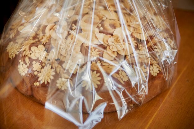 Ukrainian traditional festive fresh loaf with salt. Ukrainian wedding traditions.