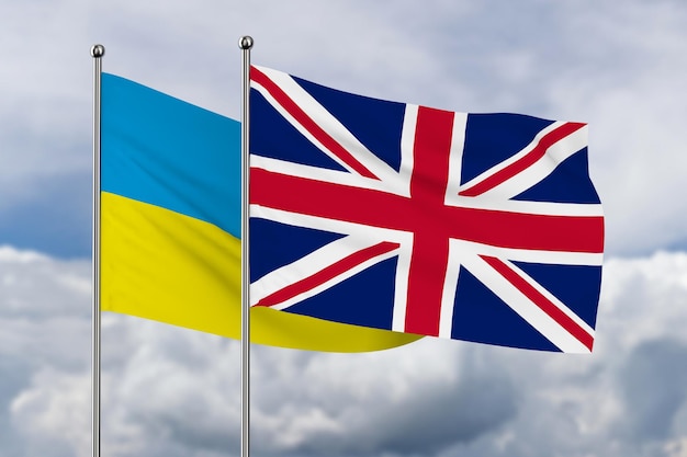 Ukrainian and united kingdom flag on sky background 3D illustration