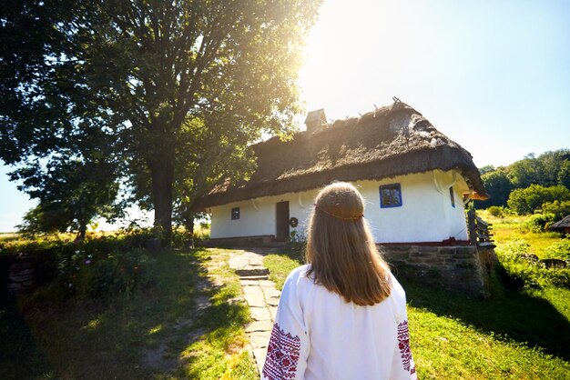 Ukrainian woman in ethnic village