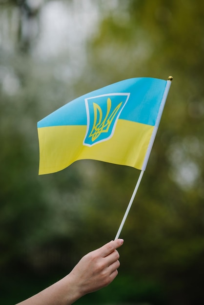 Ukrainian yellow and blue flag flutters in wind outdoors A woman hand holds a flag on rally National symbol of freedom and independence Power patriotism No war stop russian aggression