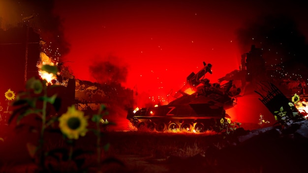 Foto guerra ucraina con occupante russo campo di battaglia rosso e carro armato distrutto rendering 3d