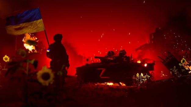 Guerra ucraina con il campo di battaglia rosso dell'occupante russo e il rendering del carro armato d distrutto