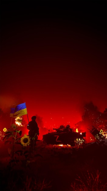 Guerra ucraina con il campo di battaglia rosso dell'occupante russo e il rendering del carro armato d distrutto