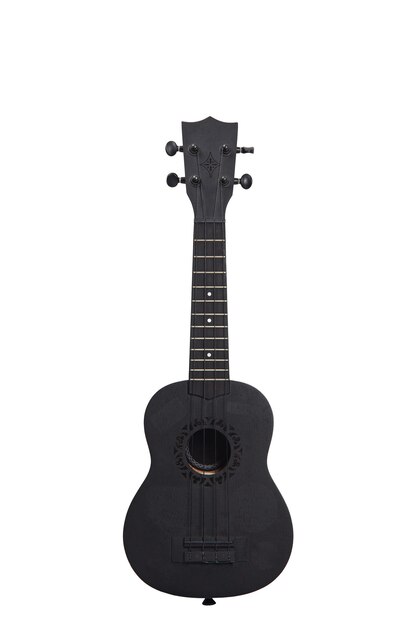 Ukulele piccola chitarra nera isolata su uno sfondo bianco