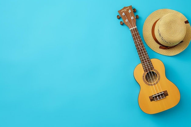 ukulele and straw hat blue studio background top