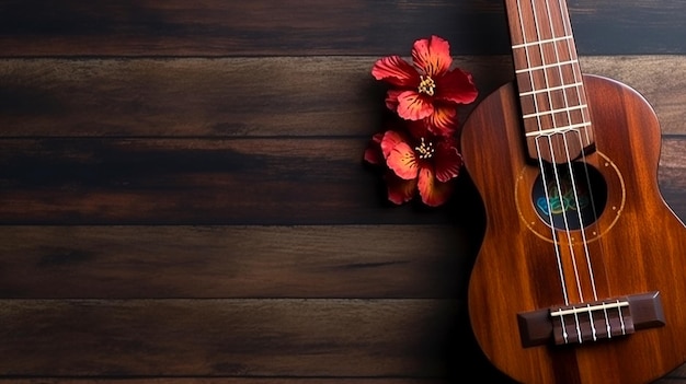 A ukulele with flowers on a wooden table