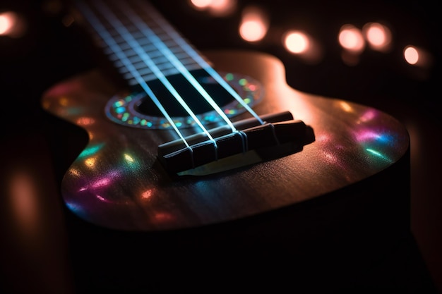 A ukulele with a rainbow colored light on it