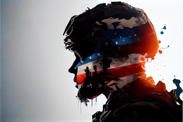 Ullustration of multiple exposure silhouette soldier and american flag AI