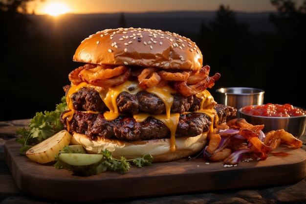 Ultimate BBQ feast pork burger with cheese bacon and fries outdoors