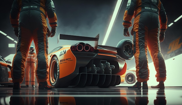 Ultimate collaboration depicted by a professional pit crew as their team's racing vehicle enters the pit lane during a pit stop during an automobile race Generative Ai