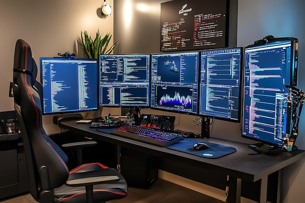 Ultimate forex trading setup with triple monitors in dubai  Premium AI-generated  image