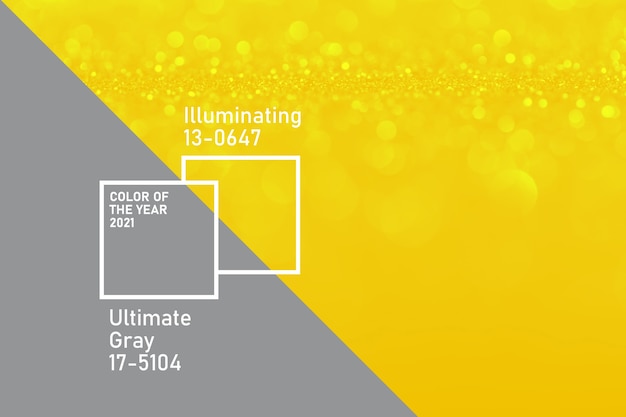 Ultimate Grey and Illuminating colors of the year 2021. Color trend palette. Stylish Gold defocused glitter background with bokeh.