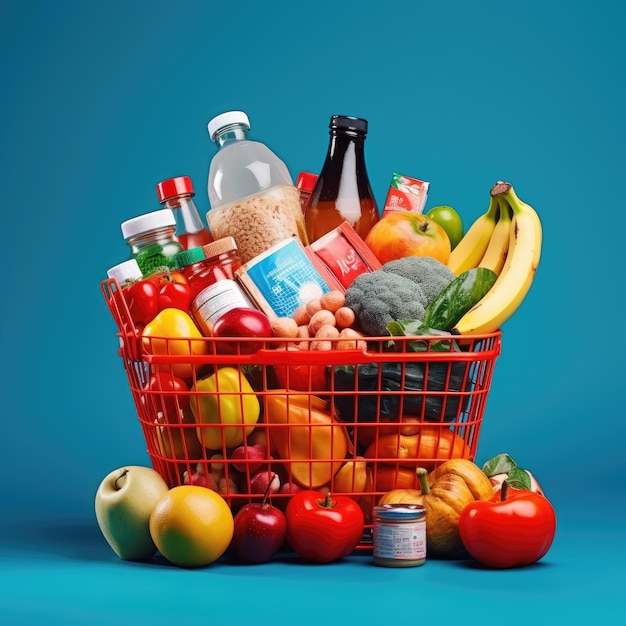 The Ultimate Grocery Shopping Experience Diverse Array of Food and Drink in a Fullystocked Basket