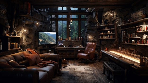 Photo the ultimate retreat unveiling the enchanting mancave oasis with dark wood clay and stone brown