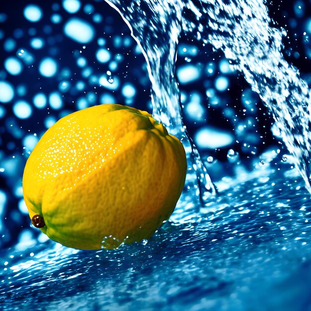 Ultra detailed closeup photo of a citrus fruit falling into water on blue background