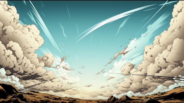 写真 飛ぶジェット機と雲の超詳細な漫画風景
