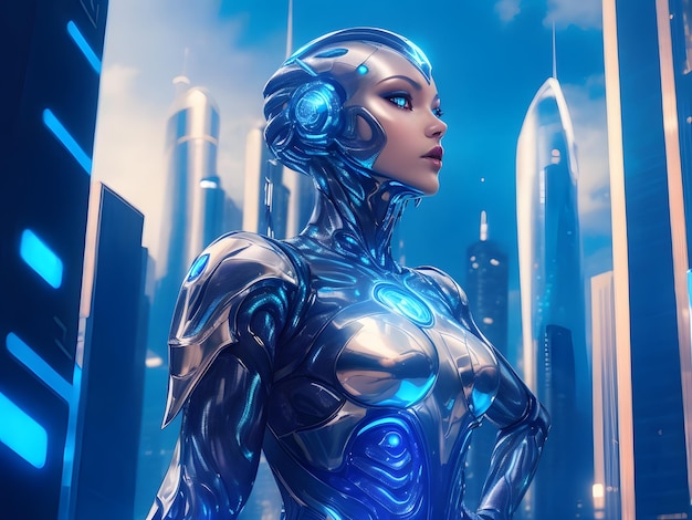 공상과학 도시에 자신 있게 서 있는 휴머노이드 로봇 여성의 매우 상세한 삽화