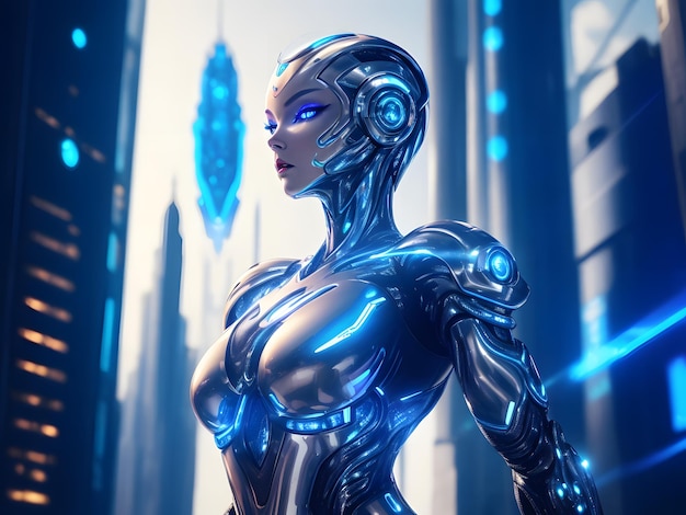 Ultra detailed illustration of a humanoid robot woman standing confidently on a scifi city
