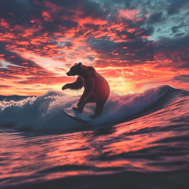 Ultra Detailed image of a person on a surfboard in a wave sunset in the background