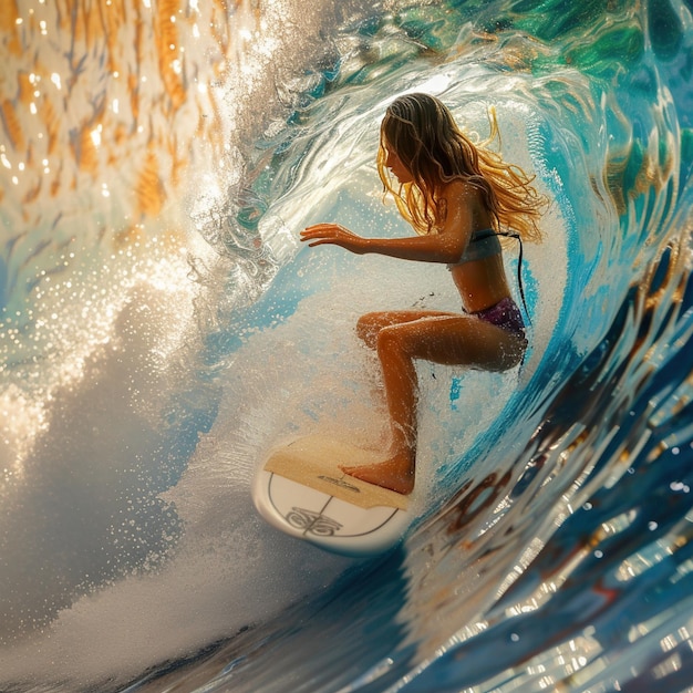 Ultra Detailed image of a person on a surfboard in a wave sunset in the background